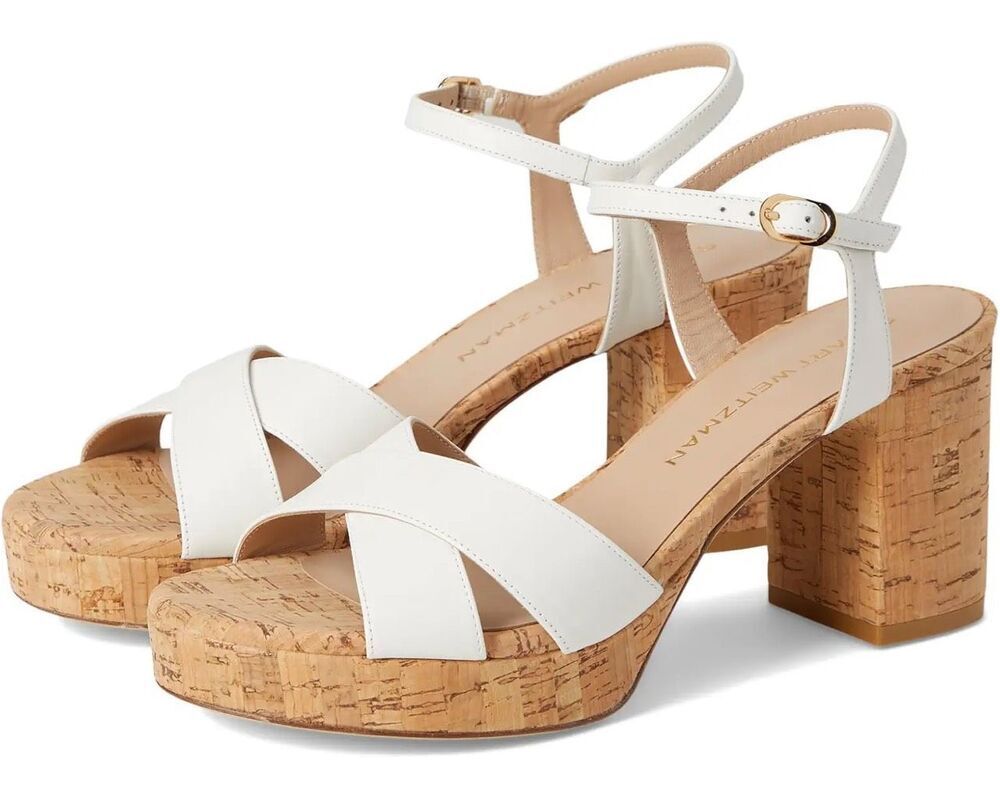 Stuart Weitzman Dayna Platform Leather/Cork 80mm Block Heel Sandals Cream 5